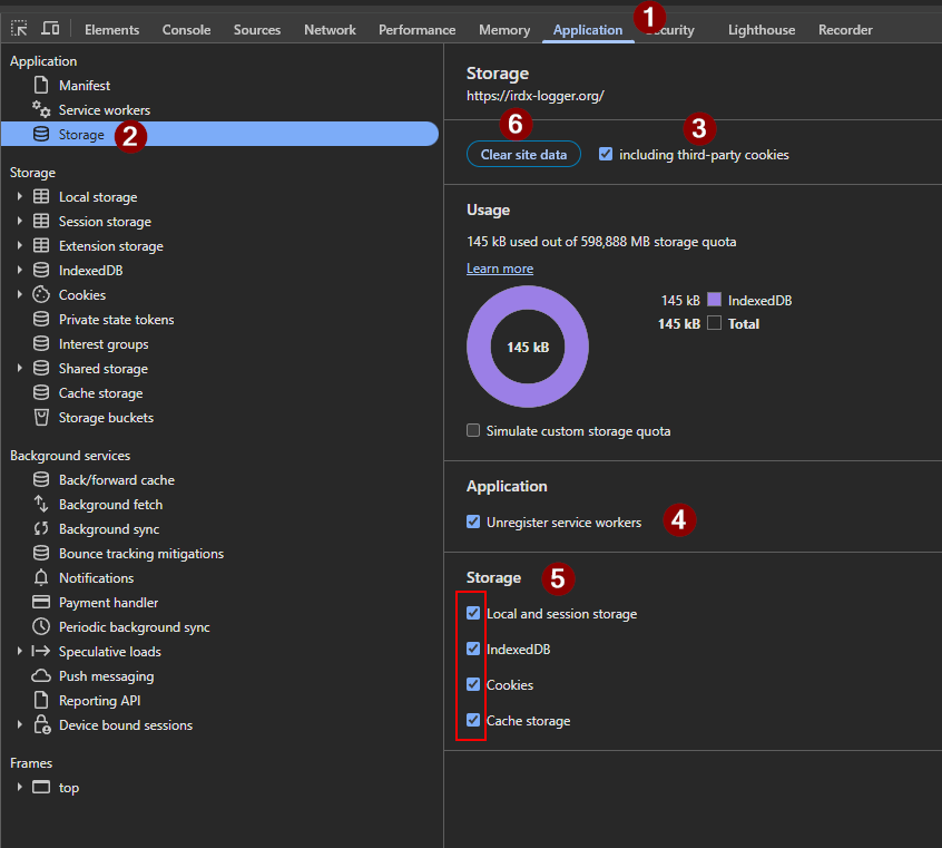 Chrome DevTools Application Storage clear steps with numbered markers