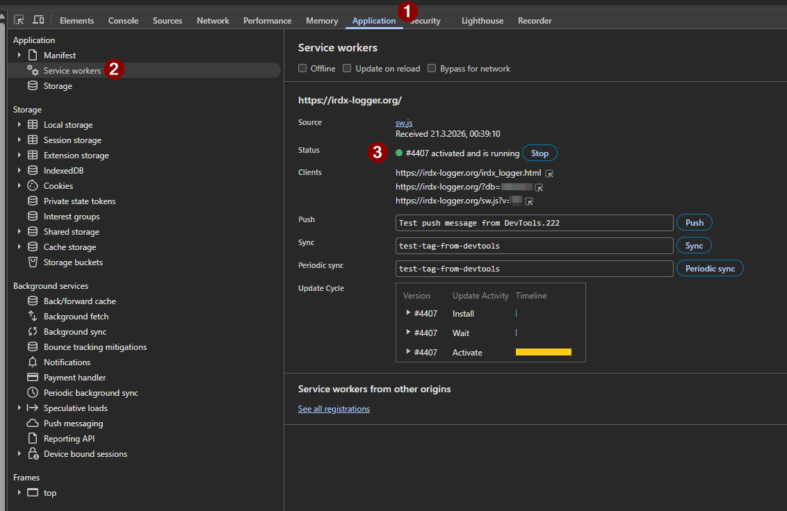 Service Worker status activated and running