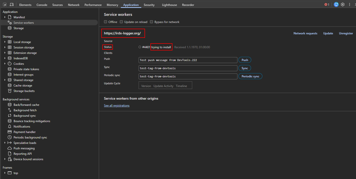 Service Worker status trying to install